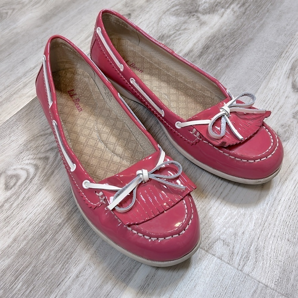 L.L. Bean Coastal Coquette Pink Patent Leather Slip-On Boat Shoe Moccasin Loafer